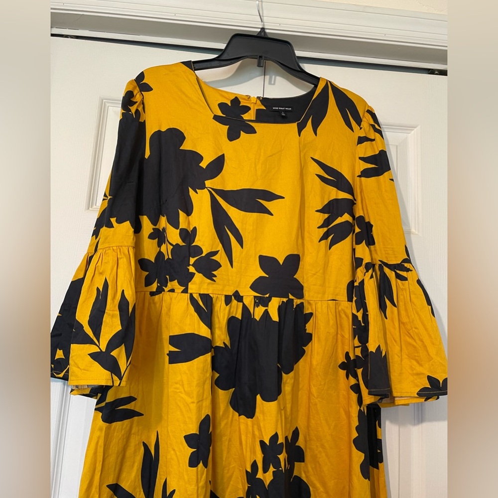 Who What Wear Floral MIDI Dress Large Gold Black Bell Sleeves Square Neck